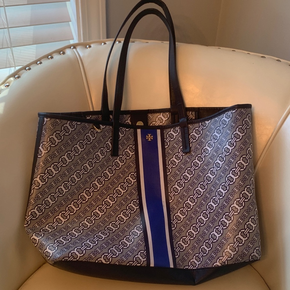 Tory Burch Black and Blue Patterned Tote